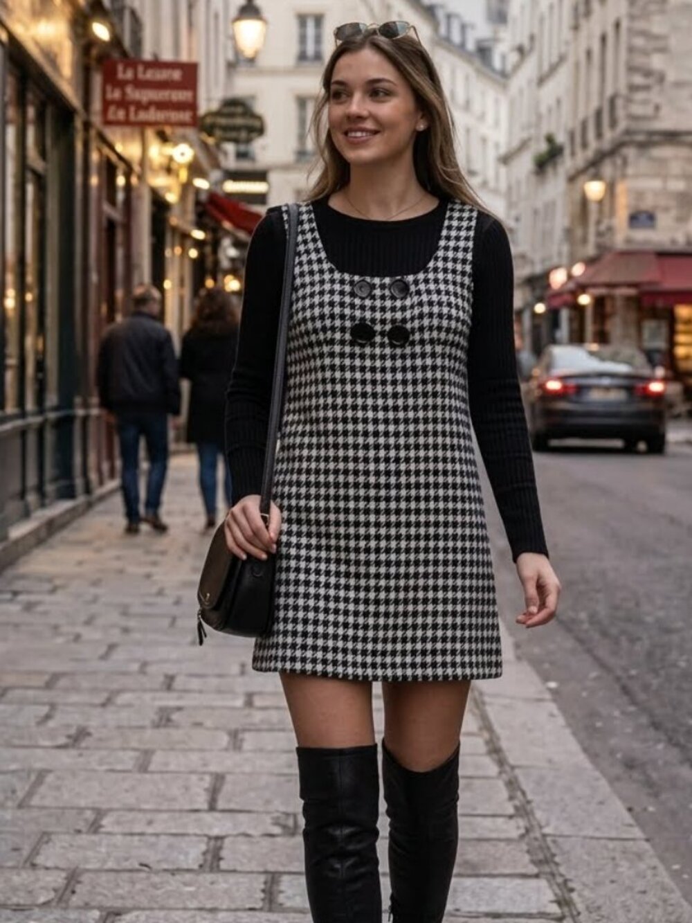 Vintage 90s Mod Houndstooth Babydoll Mini Dress SO Sz M